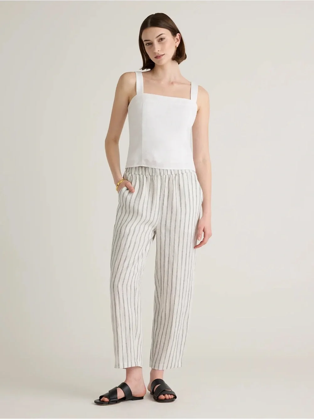 Quince 100% European Linen Pants Oatmeal Black Stripe Size Small